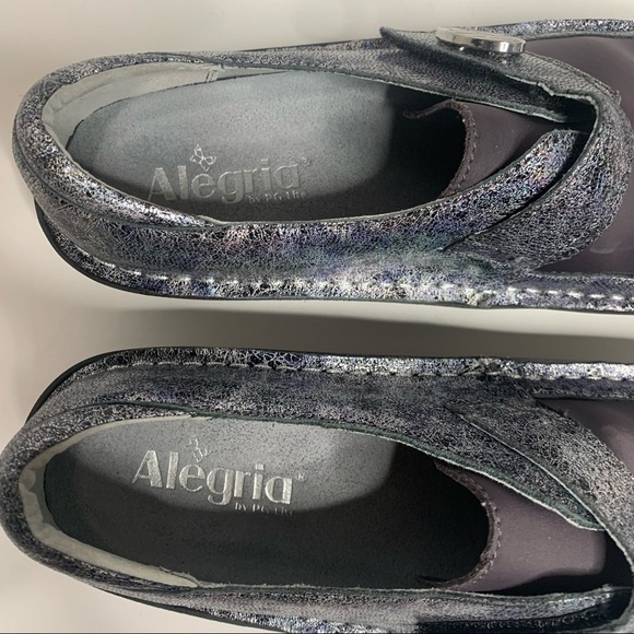 NWOT Alegria Comfort Dream Fit Neoprene Metallic Blue Gray Den-735 Slip On Clogs - Picture 10 of 16